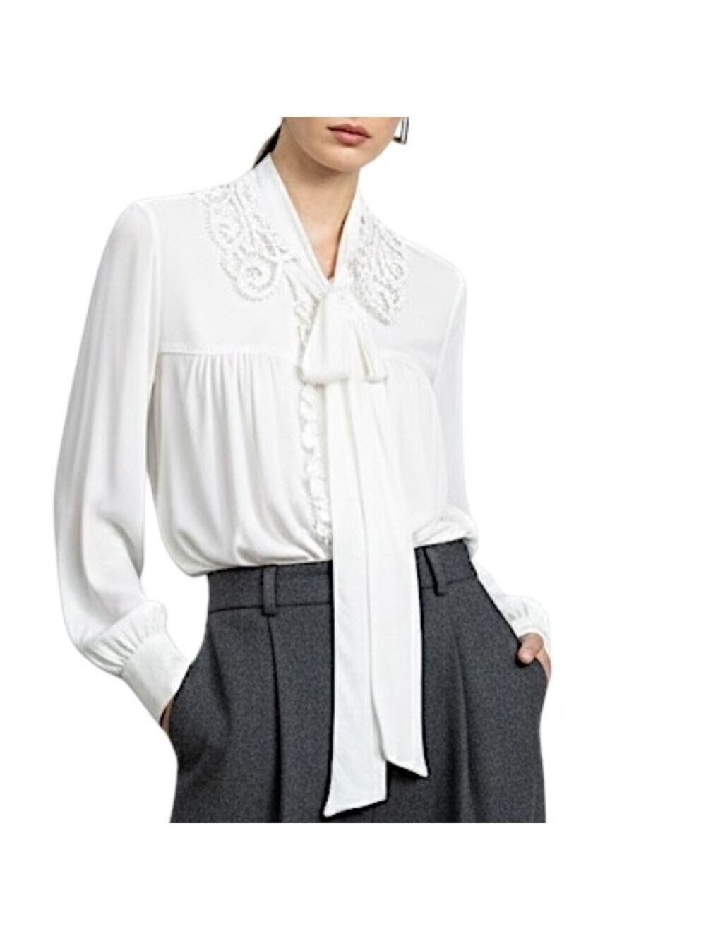 Axara Paris white tie neck kitty bow ruffle front lace collar blouse EU 38